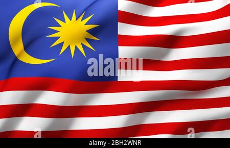 Flagge von Malaysia weht im Wind. Ganze Seite malaysische Flugflagge. 3D-Darstellung. Stockfoto