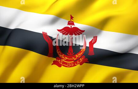 Flagge von Brunei weht im Wind. Ganze Seite Bruneian Flugflagge. 3D-Darstellung. Stockfoto