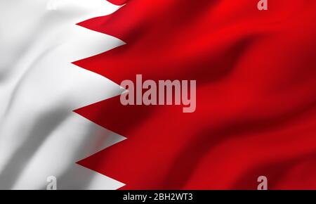 Flagge von Bahrain weht im Wind. Ganzseitige Bahraini-Flagge. 3D-Darstellung. Stockfoto