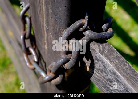 Alte rostige Kette um verwittertes Holz Farm Tor, norfolk, england Stockfoto