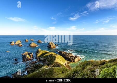 Atemberaubende Landschaft am Nugget Point, einem der markantesten Orte an der Küste von Otago in Neuseeland. Es verfügt über eine steile Landzunge und einen Leuchtturm. Stockfoto