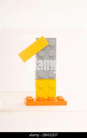 Erstellen Nummer eins 1, erstellen aus Lego-Stein Stockfoto