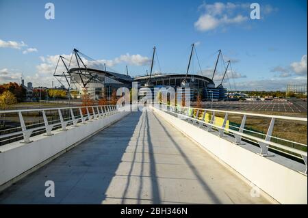 MANCHESTER, ENGLAND - OCTUBER 27, 2019. Etihad Stadion von Manchester City der berühmte Fußballverein Stockfoto