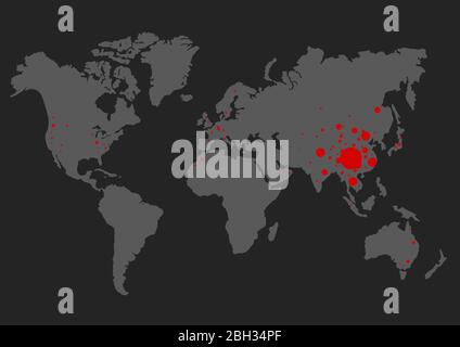 Coronavirus in Wuhan China. Die rote Landkarte von china auf Weltkarte mit Punkten Stockfoto