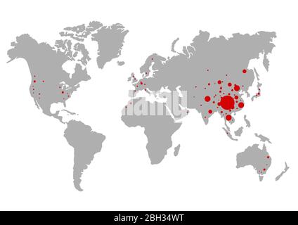 Coronavirus in Wuhan China. Die rote Landkarte von china auf Weltkarte mit Punkten Stockfoto