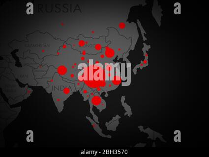 Coronavirus in Wuhan China. Die rote Landkarte von china auf Weltkarte mit Punkten Stockfoto