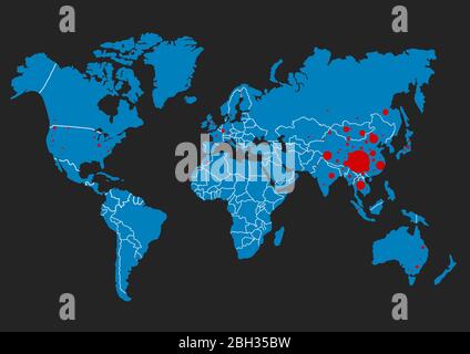 Coronavirus in Wuhan China. Die rote Landkarte von china auf Weltkarte mit Punkten Stockfoto