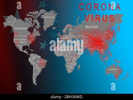 Coronavirus in Wuhan China. Die rote Landkarte von china auf Weltkarte mit Punkten Stockfoto
