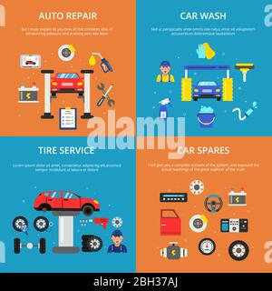 Farbige Banner Satz von Konzept Illustrationen von Auto-Services. Autowäsche und Räder Reparatur. Automobil-Wartung Service, Motor Reparatur und Stock Vektor