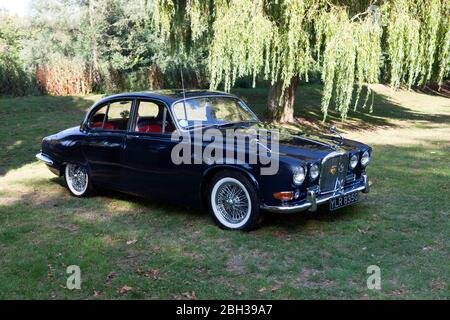 Dreiviertel Vorderansicht eines 1968, dunkelblau, Jaguar 420, Display am Quay, während des Sandwich Festival 2019 Stockfoto