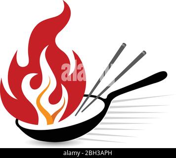 Illustration Kunst einer Flamme Bratpfanne Logo mit isoliertem Hintergrund Stock Vektor