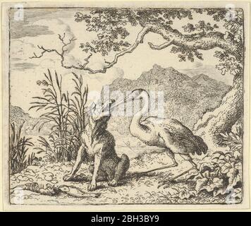Der Storch entfernt einen Knochen aus der Kehle des Wolfes. Aus Hendrick van Alcmars Renard the Fox, 1650-75. Dritter Zustand von vier. Stockfoto