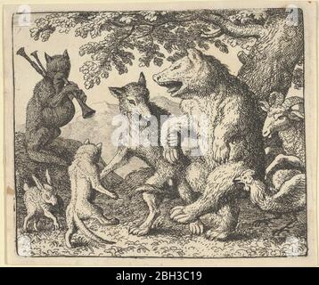 Eine Party zu Ehren des Bären und des Wolfes. Aus Hendrick van Alcmars Renard the Fox, 1650-75. Zweiter Zustand von drei. Stockfoto