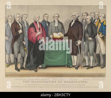 Die Einweihung von Washington als erster Präsident der Vereinigten Staaten, 30. April 1789 - im Alten Rathaus, New York - der Amtseid wurde von Kanzlerin Livingston der Staaten von New York verwaltet - Herr Otis, der Sekretär des Senats, der die Bibel auf einem purpurnen Kissen hochhielt., 1876. Stockfoto