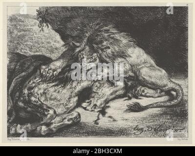 Lion frisst ein Pferd, 1844. Stockfoto