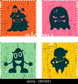 Set von Retro Briefmarke mit lustigen Monstern. Cartoon Vektor Illustration Stock Vektor