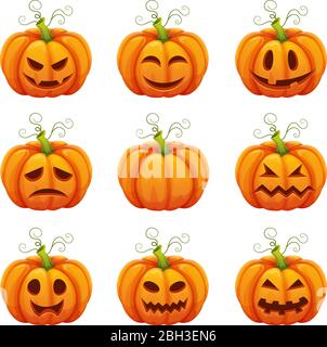 Kürbis mit lustigen Gesichtern. Unterschiedliche Emotionen. Halloween-Symbole im Cartoon-Stil Stock Vektor