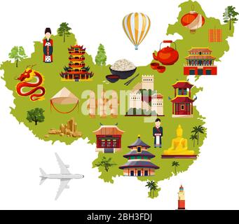 Chinesische Reiseillustration mit verschiedenen Kulturobjekten. Vektor-Karte im Cartoon-Stil. China Karte für Tourismus und Reisen Stock Vektor