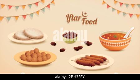 Fünf Iftar-Teller auf beigefarbenem Hintergrund mit Party-Flaggen-Dekoration isoliert Stock Vektor