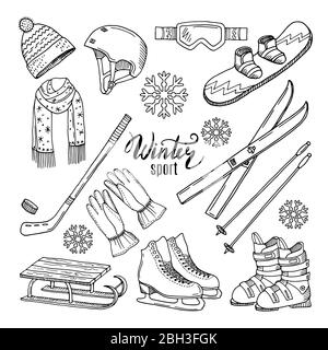 Illustrationen des Wintersports. Schal, Handschuhe, Ski und andere. Wintersport Ski und Snowboard, Helm und Schlittschuhe Vektor Stock Vektor