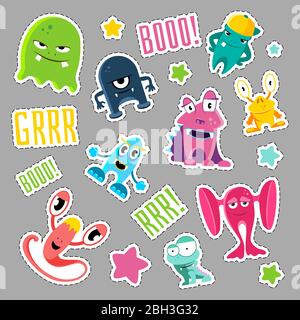 Set von niedlichen Monster und Blasen in Form eines Retro-Patches. Cartoon Monster Patch, Abzeichen Aufkleber im 90er-Stil. Vektorgrafik Stock Vektor