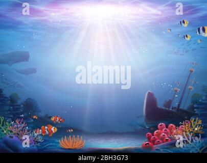 Natürlicher Meeresboden Hintergrund mit Schiffswrack und reichlich Meerestiere, 3d-Abbildung Stock Vektor