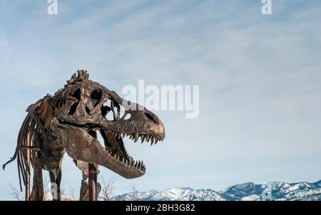 Bronze-Dinosaurier-Skelett (bekannt als Big Mike) außerhalb des Museums der Rockies in Bozeman, Montana, Vereinigte Staaten von Amerika Stockfoto