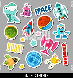 Set von Aufklebern mit Raumobjekten und Monstern. Cartoon Vektor Illustration für Kinder. Aufkleber Monster und Raumschiff Stock Vektor