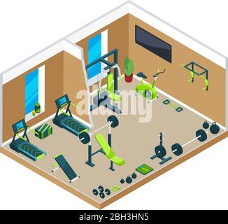 3D isometrische Illustrationen von Turnhalle mit verschiedenen Sportgeräten für Krafttraining und Bodybuilding. Innen des Fitnessraums, Sport-Fitnessraum mit Geräten Stock Vektor