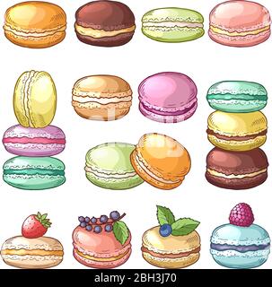 Farbige Illustrationen von köstlichen Makronen. Französisch Gebäck und süß köstlichen Dessert Vektor Stock Vektor