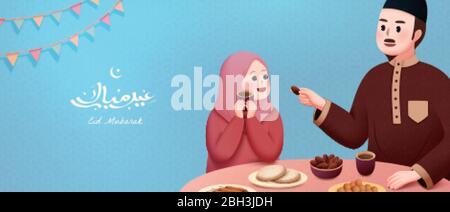 Vater und Tochter genießen iftar Essen zusammen während des Urlaubs auf blauem Hintergrund, Eid mubarak Kalligraphie, die fröhlichen Urlaub bedeutet Stock Vektor