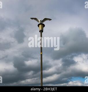 Möwe landet auf der Strassenlampe, dunkel bewölkt Sturm Wolken Hintergrund Stockfoto