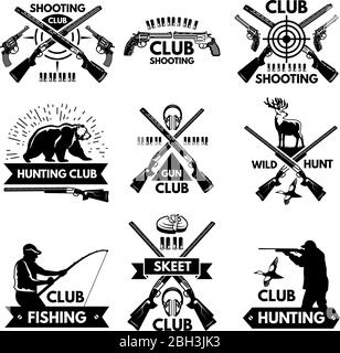 Etiketten und Abzeichen Set für Jagdverein. Monochrome Bilder von verschiedenen Tieren und Waffen für Jäger. Hunter Club und Skeet Club Label Emblem. Vec Stock Vektor