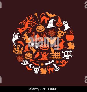 Vektor halloween Hintergrund mit Hexen, Kürbisse, Geister, Spinnen Silhouetten isoliert auf dunklem Hintergrund Illustration Stock Vektor