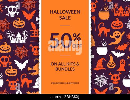 Vektor halloween Hintergrund mit vertikalen dekorativen Band, Hexen, Kürbisse, Geister, Spinnen Silhouetten und Platz für Text-Illustration Stock Vektor