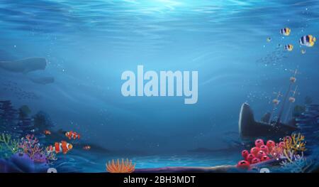 Natürliche Seenlandschaft Hintergrund mit verträumten Sonnenlicht durch Wasser, 3d-Illustration Stock Vektor