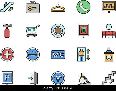 Satz von Farbsymbolen für die öffentliche Navigation. Kleiderbügel, Taxi, WC, WiFi und mehr. Stock Vektor