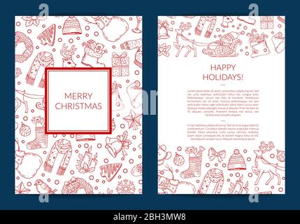 Vektor handgezeichnete weihnachtselemente mit weihnachtsmann, Weihnachtsbaum, Geschenke und Glocken Karte Vorlage mit Rahmen und Ort für Text-Illustration Stock Vektor