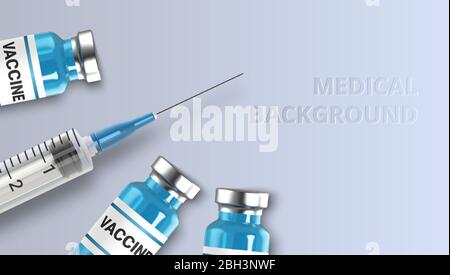 Realistische Glasampullen und Spritze. Impfstoffinjektion Coronavirus Covid-19, neuartiges Coronavirus. Medizinischer Hintergrund. Vektorgrafik Stock Vektor