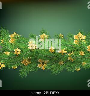 Weihnachtsrand aus realistisch aussehenden Kiefernästen mit Goldfolie Schneeflocken auf grün. EPS 10 Stock Vektor