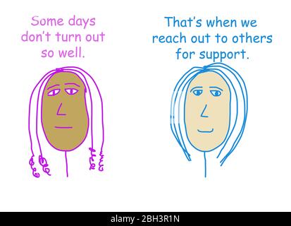 Farbe Cartoon von zwei ethnisch unterschiedlichen Frauen sprechen darüber, was zu tun, wenn der Tag erweist sich als schlecht. Stockfoto