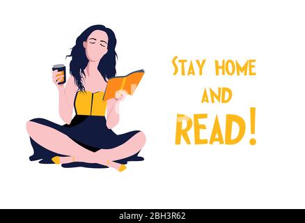 Bleiben Sie zu Hause. Das Konzept der Quarantäne, der Selbstisolierung. Mädchen liest und liest ein Buch. Zimmereinrichtung... Stock Vektor