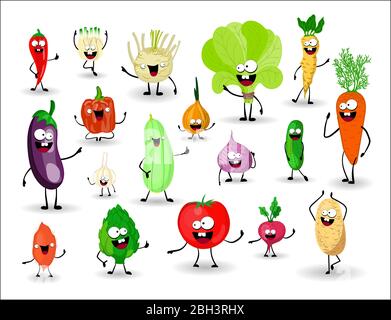 Gemüseset. Gemüse Zeichen mit Händen und Gesichtern. Tomaten und Spinat, Gurke und Chili. Aubergine und Kohl. Sellerie und Rettich. Nützlich Stock Vektor
