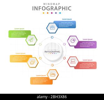 Infografik Vorlage für Unternehmen. 6 Schritte modernes Mindmap Diagramm mit Hexagonen, Präsentationsvektor Infografik. Stock Vektor