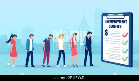 Vektor der traurigen arbeitslosen Männer und Frauen bleiben in der Linie für Versicherung Arbeitslosengeld. Stock Vektor