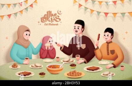 Muslimische Familie mit köstlichen iftar Essen zusammen während des Urlaubs auf beigem Hintergrund, Eid mubarak Kalligraphie, die fröhlichen Urlaub bedeutet Stock Vektor