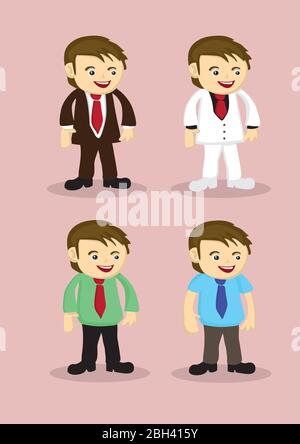 Set von vier Geschäftsleuten in verschiedenen Arbeitskleidung isoliert auf rosa Hintergrund. Stock Vektor