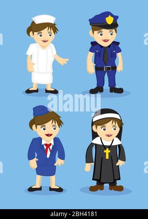 Vektor-Illustration von Frauen Uniform für verschiedene Jobs und Berufe. Satz von vier Symbolen auf blauem Hintergrund isoliert. Stock Vektor