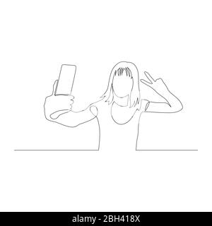 Kontinuierliche eine Linie Frau, die Selfie mit Smartphone und zeigen Siegeszeichen. Vektorgrafik. Stock Vektor