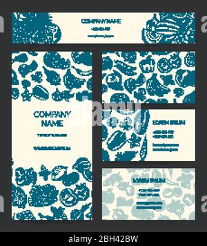 Vector Identity Banner, Broschüre, Visitenkarten Vorlagen Set mit Doodle skizzierten Obst und Gemüse. Vegetarische ökologische Lebensmittel Illustration Stock Vektor